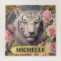Aquarela Vintage Tigre Branco e Rosas Pink