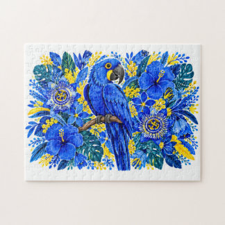 Quebra-cabeça Arara Azul Vibrante Floral Tropical Aquarela