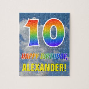 Quebra-cabeça Arco-Íris "10" e "FELIZ ANIVERSÁRIO", céu nublado