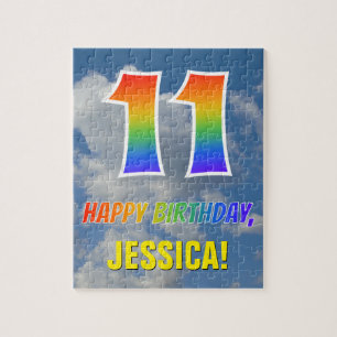 Quebra-cabeça Arco-Íris "11" e "FELIZ ANIVERSÁRIO", céu nublado