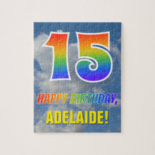 Quebra-cabeça Arco-Íris "15" e "FELIZ ANIVERSÁRIO", céu nubla