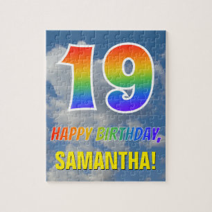 Quebra-cabeça Arco-Íris "19" e "FELIZ ANIVERSÁRIO", céu nublado