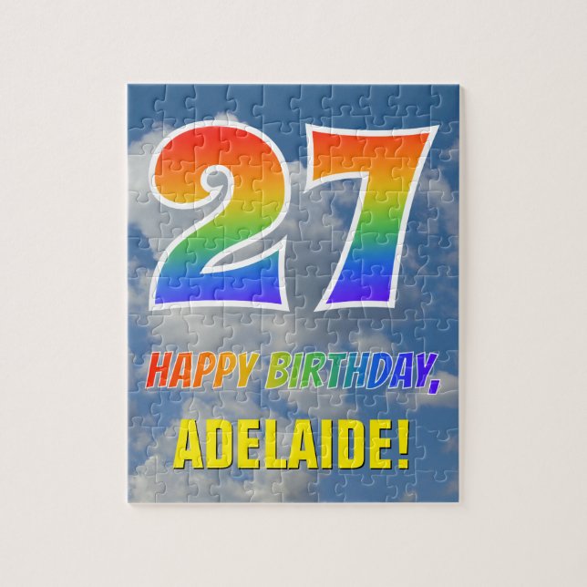 Quebra-cabeça Arco-Íris "27" e "FELIZ ANIVERSÁRIO", céu nublado (Vertical)