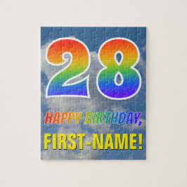 Quebra-cabeça Arco-Íris "28" e "FELIZ ANIVERSÁRIO", céu nublado