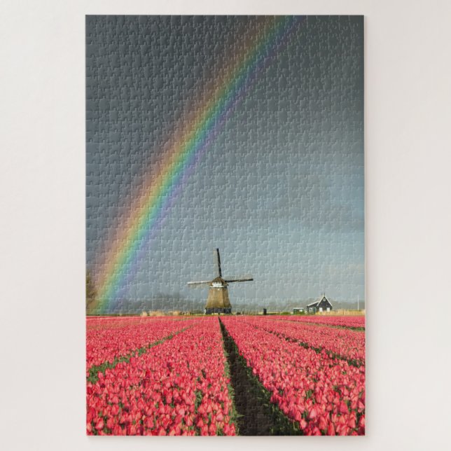 Quebra-cabeça Arco-íris, tulipas e moinho de vento em Holland (Vertical)