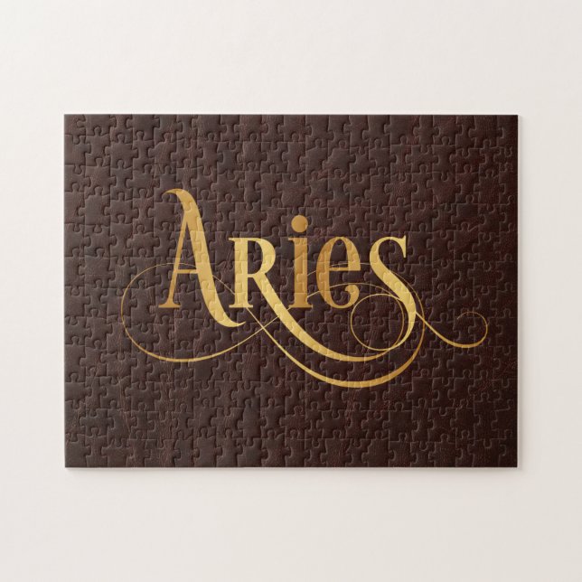 Quebra-cabeça Aries Swirly Script Dourado em Couro (Horizontal)