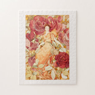 Quebra-cabeça Art Nouveau Fada com Rosas vermelhos e laranja