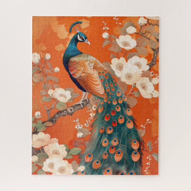 Quebra-cabeça Art Nouveau Peacock sobre Orange Floral (Vertical)