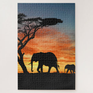 Quebra-cabeça Arte Africana Safari Sunset Elephant Silhouter
