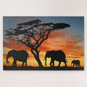 Quebra-cabeça Arte Africana Safari Sunset Elephant Silhouter