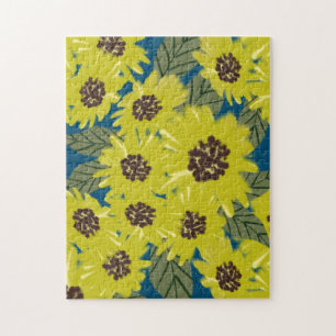 Quebra-cabeça Arte Botânico de Girassol Amarelo Azul