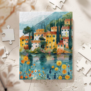 Quebra-cabeça Arte Caprichosa de Aldeia Italiana à Beira do Lago