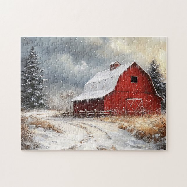 Quebra-cabeça Arte Cênica Rustic Red Barn Winter (Horizontal)