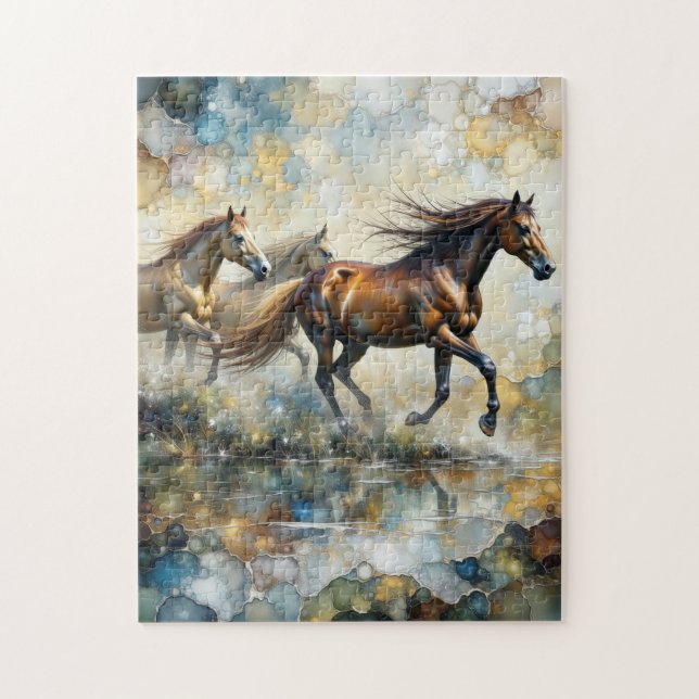 Quebra-cabeça Arte com Tinta Alcoólica Cavalos Selvagens a Galop (Vertical)