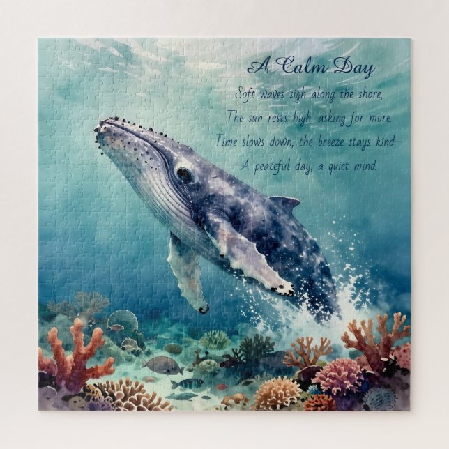 Quebra-cabeça Arte Costeira Aquarela de Baleia Azul Oceânica (Vertical)
