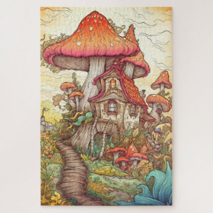 Quebra-cabeça Arte da Ilustração da Vila Selvagem de Cogumelos