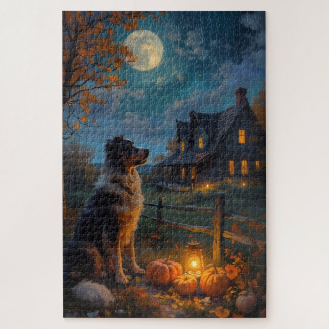 Quebra-cabeça Arte da Lua Cheia de Halloween do Australian Sheph (Vertical)