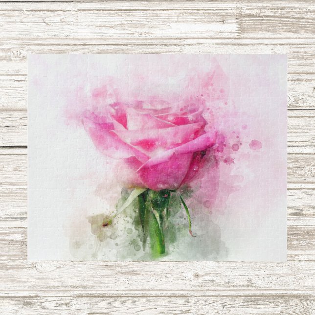 Quebra-cabeça Arte de Aquarela de Rosa Rosa em Fundo Branco (Pink Rose Watercolor Art on White Background. Jigsaw Puzzle)