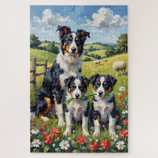 Quebra-cabeça Arte de Border Collie em Prado de Trevo (Vertical)