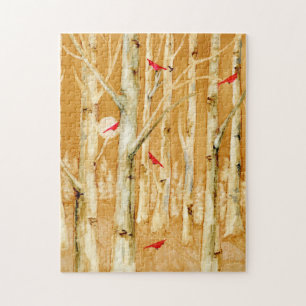 Quebra-cabeça Arte de Cardinais Vermelhos das Árvores de Birch