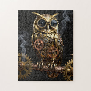 Quebra-cabeça Arte de Coruja Mecânica Steampunk em Galho de Reló