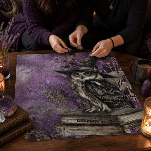 Quebra-cabeça Arte de Coruja Mística Roxa com Nome Personalizado