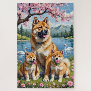 Quebra-cabeça Arte de Família de Akita Americano no Prado