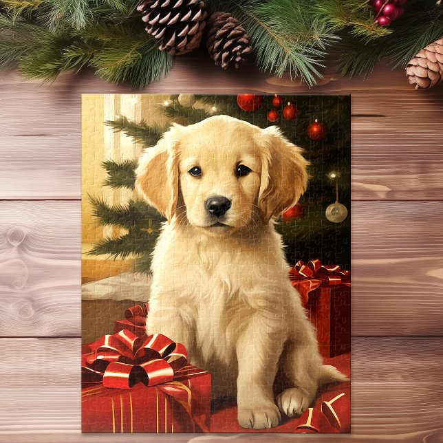 Quebra-cabeça Arte de Férias de Natal para Retriever de Ouro Bon (Cute Golden Retriever Christmas Tree Holiday Art Jigsaw Puzzle)
