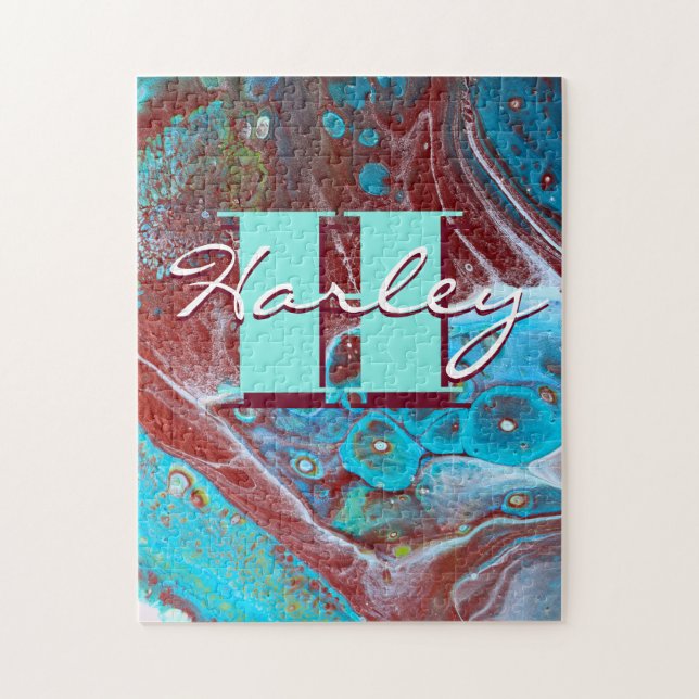 Quebra-cabeça Arte de Fluxo Acrílico de Cobre e Teal (Vertical)