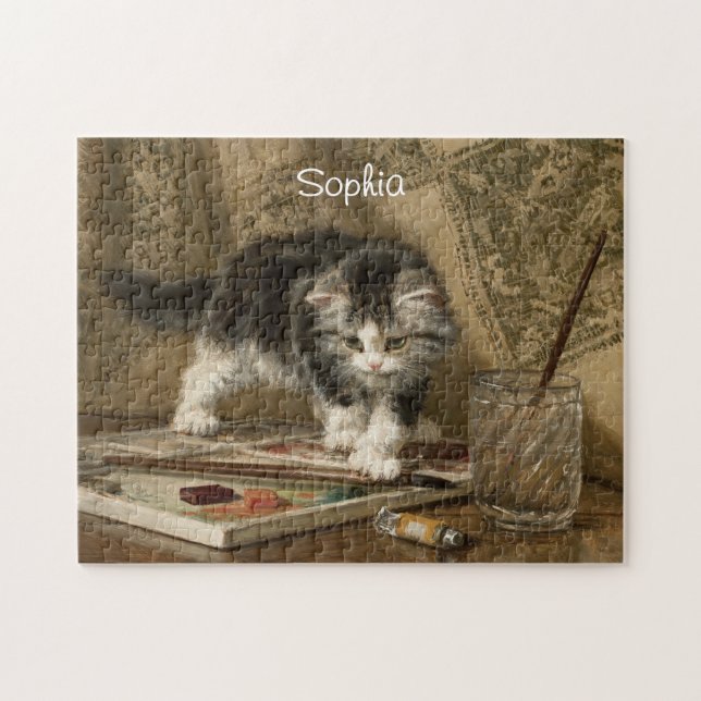 Quebra-cabeça Arte de gatinho vintage fofo, nome (Horizontal)