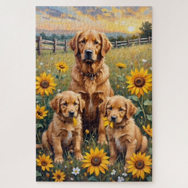 Quebra-cabeça Arte de Girassol de Prado com Golden Retriever (Vertical)