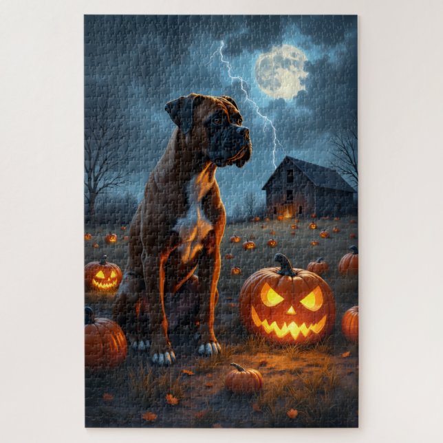 Quebra-cabeça Arte de Halloween da Abóbora Assombrada do Boxer (Vertical)