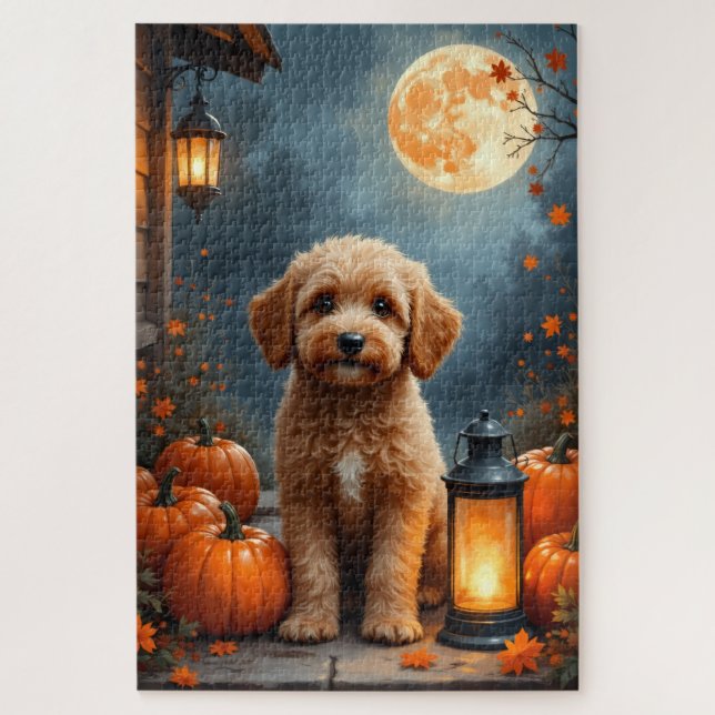 Quebra-cabeça Arte de Halloween da Casa de Campo Cockapoo Aconch (Vertical)