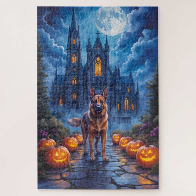 Quebra-cabeça Arte de Halloween da Catedral Gótica do Malinois B (Vertical)