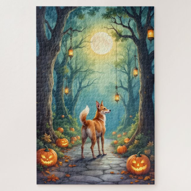 Quebra-cabeça Arte de Halloween da Floresta Encantada do Basenji (Vertical)