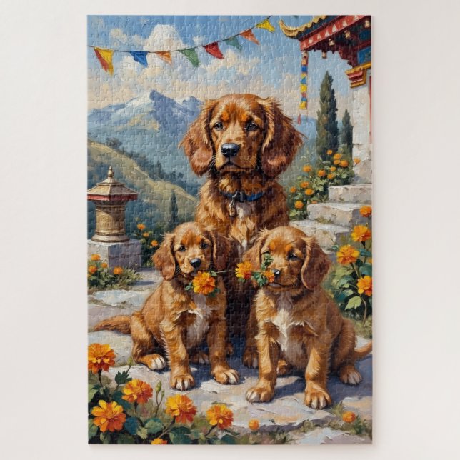 Quebra-cabeça Arte de Jardim de Mosteiro do Spaniel Tibetano (Vertical)