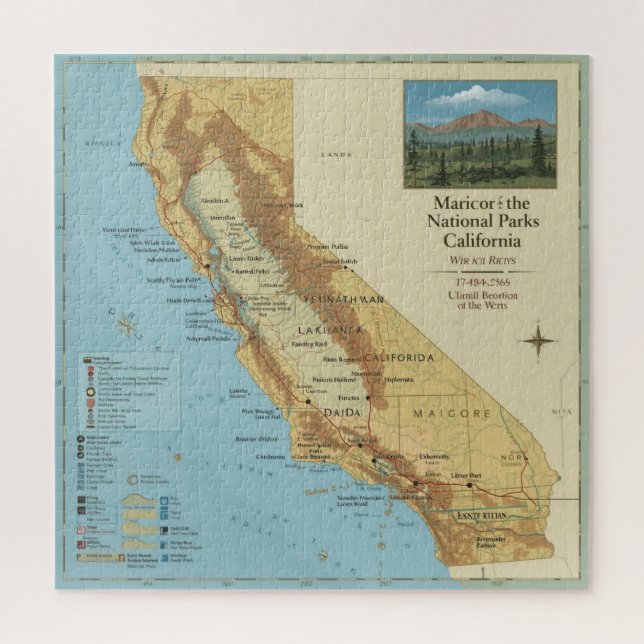 Quebra-cabeça Arte de Mapa Antigo dos Parques Nacionais da Calif (Vertical)