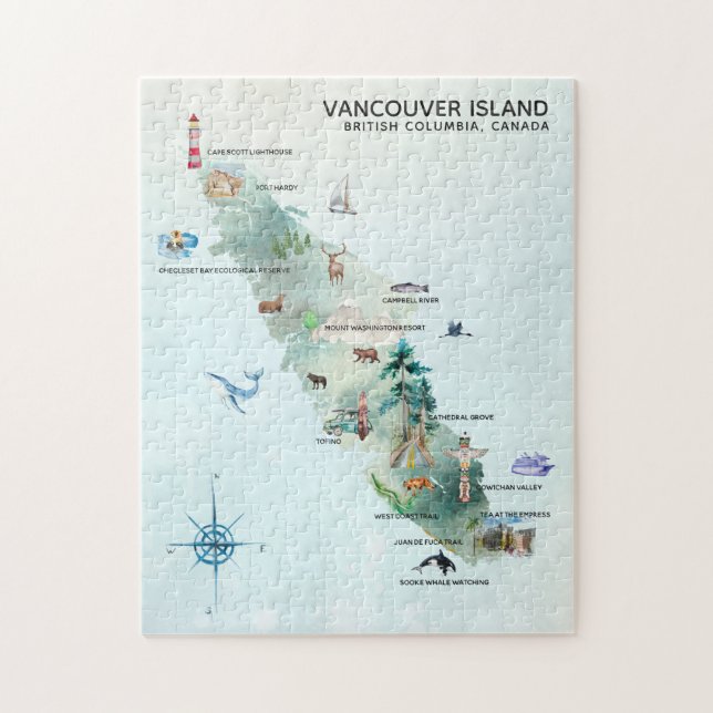 Quebra-cabeça Arte de Mapa da Ilha de Vancouver em Aquarela (Vertical)