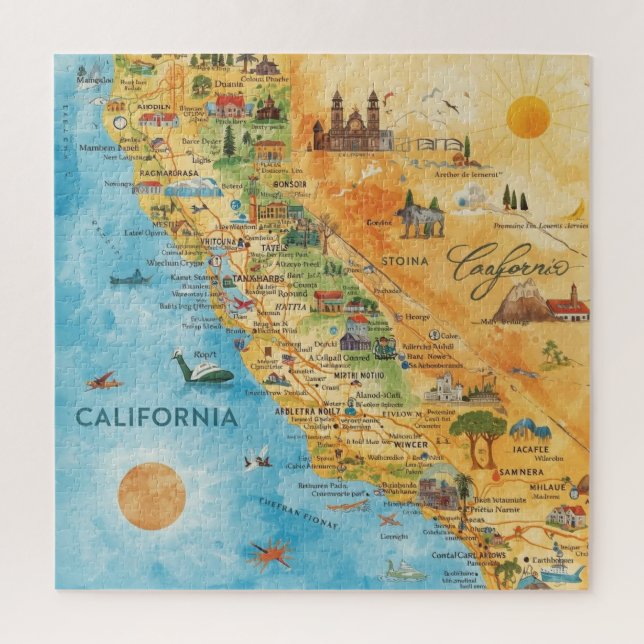 Quebra-cabeça Arte de Mapa de Aquarela Ilustrado da Califórnia (Vertical)