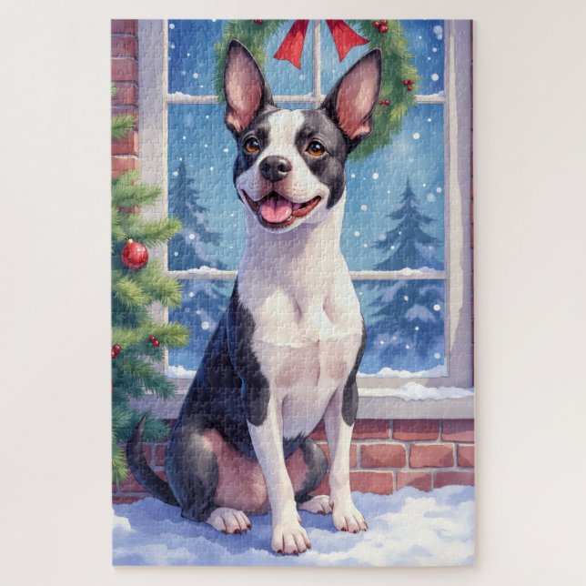 Quebra-cabeça Arte de Natal do Boston Terrier Festivo (Vertical)