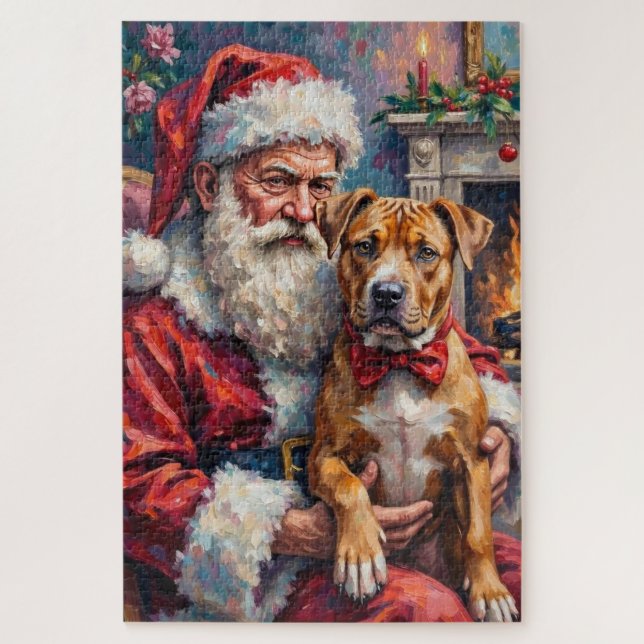Quebra-cabeça Arte de Natal do Papai Noel segurando Pitbull (Vertical)