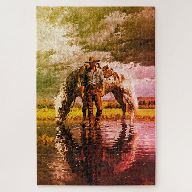 Quebra-cabeça Arte de Parede com Reflexo de Cowboy e Cavalo – Oc (Vertical)