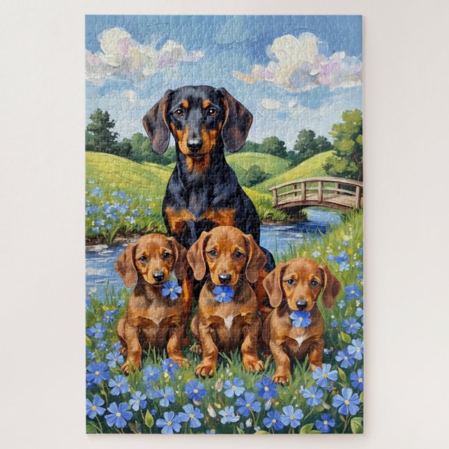 Quebra-cabeça Arte de Prado Esqueça-Me-Não Dachshund (Vertical)