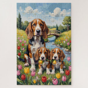 Quebra-cabeça Arte de Tulipa de Prado com Basset Hound
