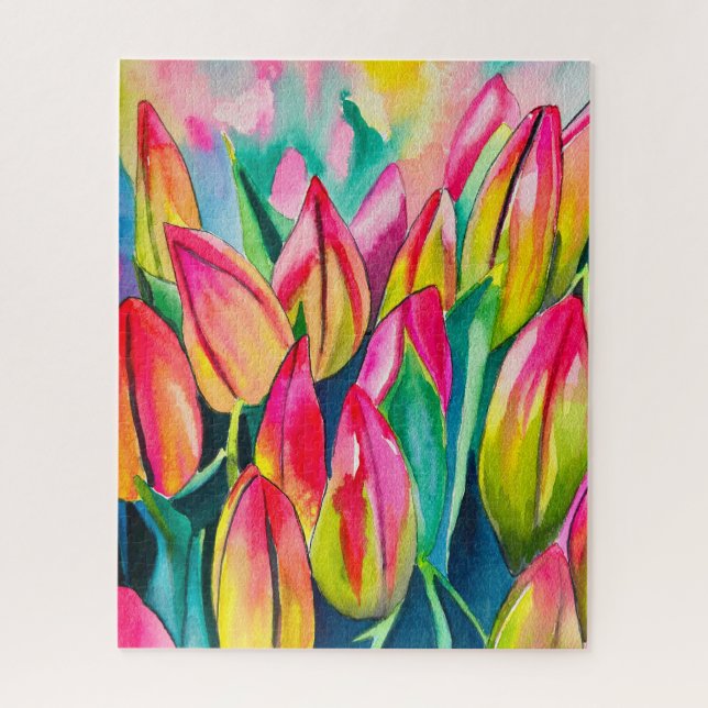 Quebra-cabeça Arte de tulipas de aquarela rosa (Vertical)
