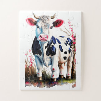 Quebra-cabeça Arte de Vaca Rústica com Blossomas - Decoração de