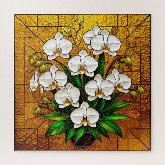 Quebra-cabeça 💛 Arte de Vidro Manchado de Orquídea com Detalhes (Vertical)
