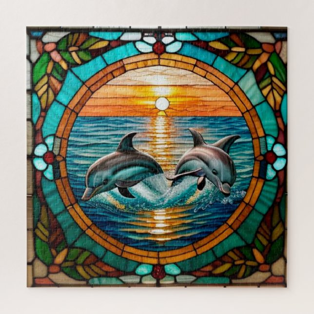 Quebra-cabeça Arte de Vidro Pintado com Golfinhos Saltando ao Pô (Vertical)