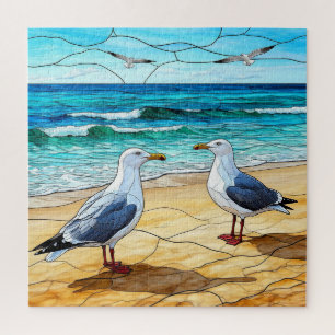 Quebra-cabeça Arte de Vidro Pintado de Gaivotas numa Praia