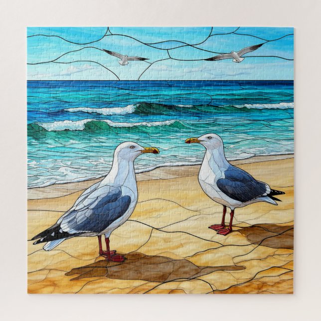 Quebra-cabeça Arte de Vidro Pintado de Gaivotas numa Praia (Vertical)